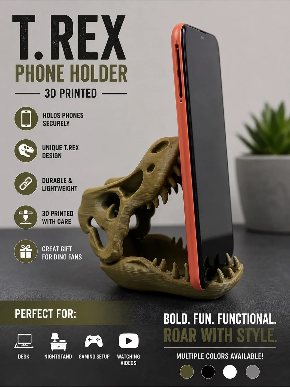 3D Printed T-Rex Skull Phone Stand Desk Holder